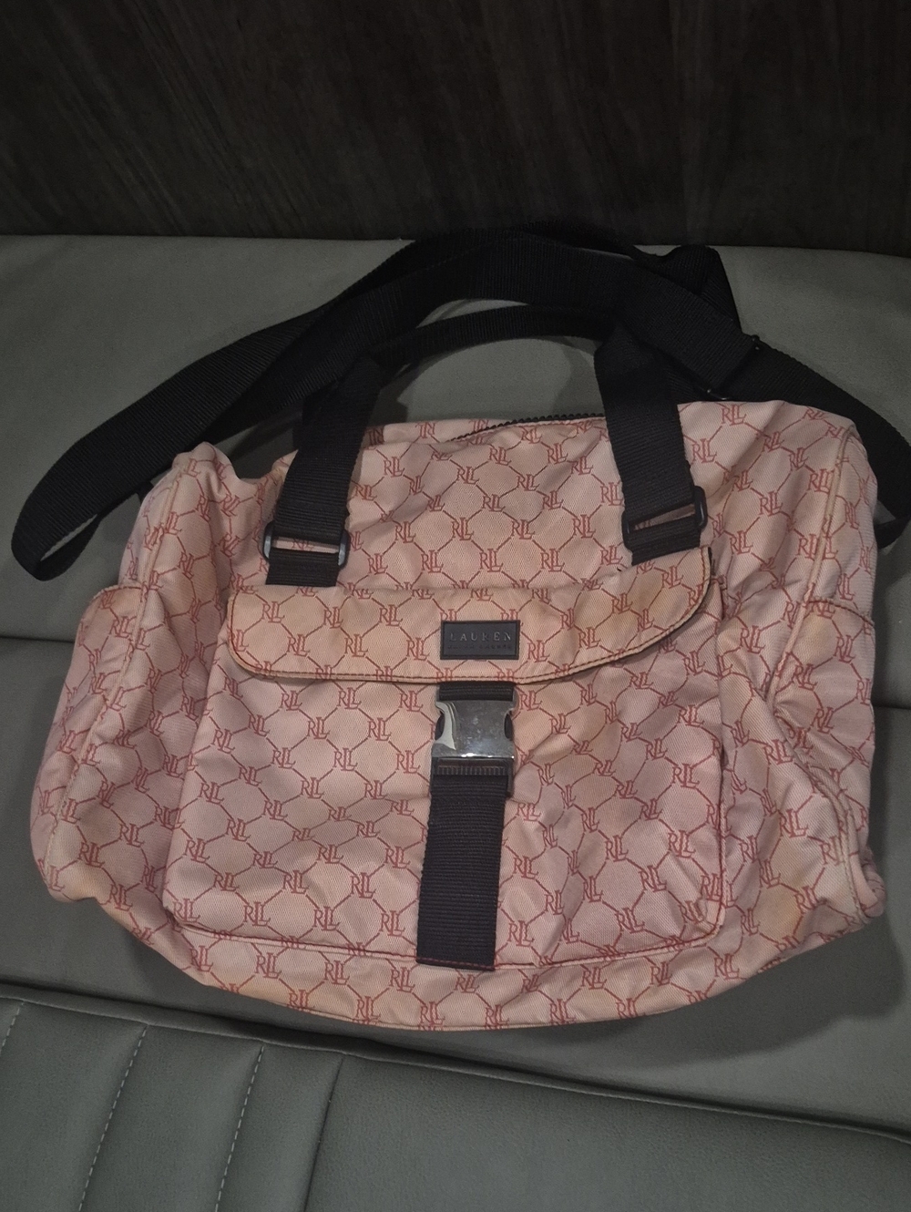 Ralph Lauren Pink RL Monogram Shoulder Bag with Black Straps